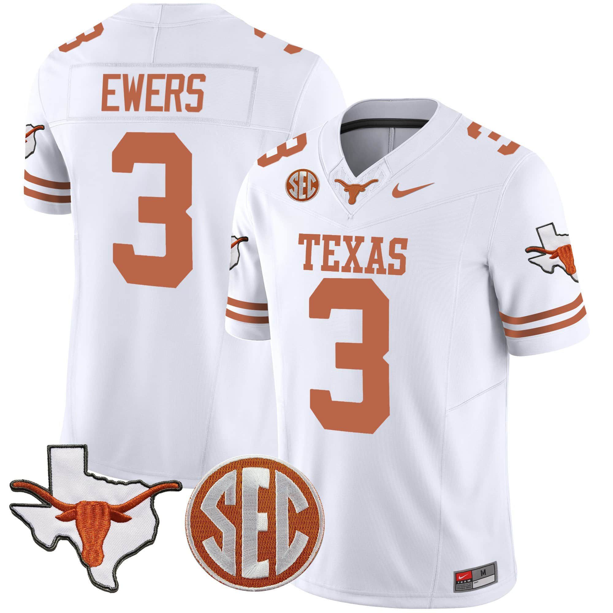 Men Texas Longhorns #3 Ewers White 2024 Nike State Map & SEC Patch Vapor NCAA Jersey->indianapolis colts->NFL Jersey